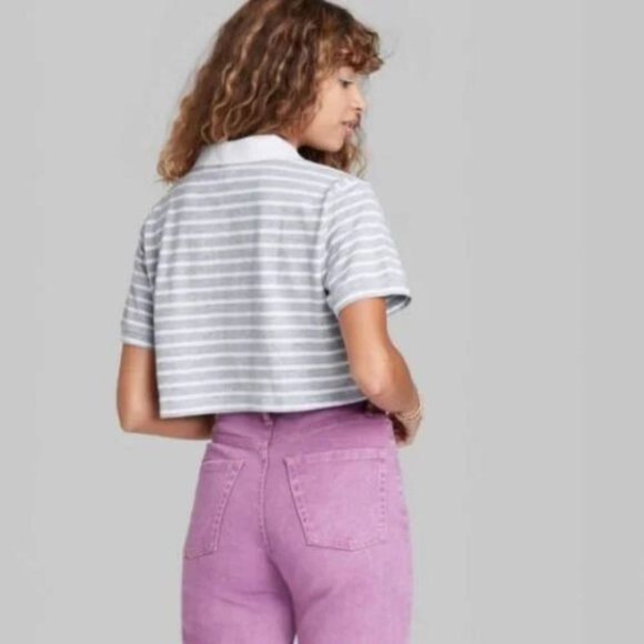 Womens Short Sleeve Boxy Cropped Polo T Shirt Wild Fable Gray Striped S - Picture 3 of 9